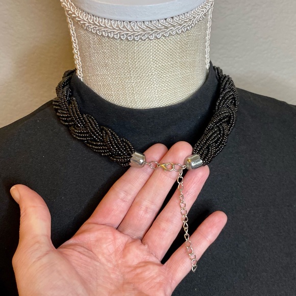 Braided Black & Silver Seed Bead Boho Style Adjustable Necklace - Picture 5 of 5